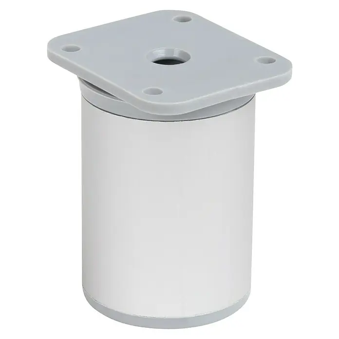 Walteco Teleskop-Möbelfuß - B x L: 4 x 4 cm, Höhenverstellung: 6 cm - 8 cm, Traglast: 50 kg, Kunststoff, Rund - Nahaufnahme eines zylindrischen Möbelfußes mit einer quadratischen, grauen Montageplatte.