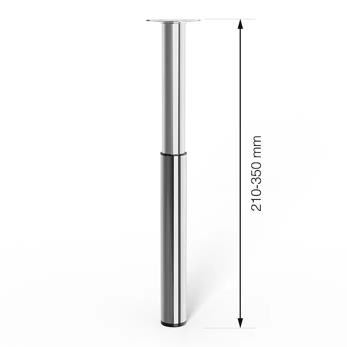 Walteco Teleskop-Möbelfuß - B x L: 3 x 3 cm, Durchmesser: 3 cm, Höhenverstellung: 21 cm - 35 cm, Traglast: 30 kg, Stahl, Silber - Abgebildet ist ein verstellbares Möbelfuß-Set in Chromoptik, dessen Höhe zwischen 210 und 350 mm variiert werden kann. Ideal für Möbelanpassung.