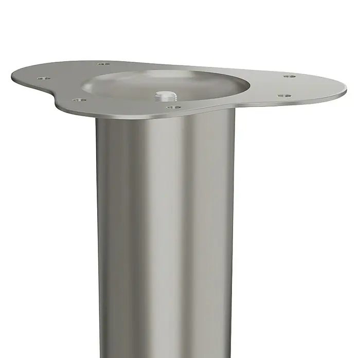 Walteco Möbelfuß - L x B x H: 6 x 6 x 70 cm, Ø x H: 6 x 70 cm, Traglast: 75 kg, Stahl, Nickel - Nahaufnahme eines silbernen Tischbeins mit einer flachen, runden Oberseite und Schraubenlöchern vor einem schwarzen Hintergrund.