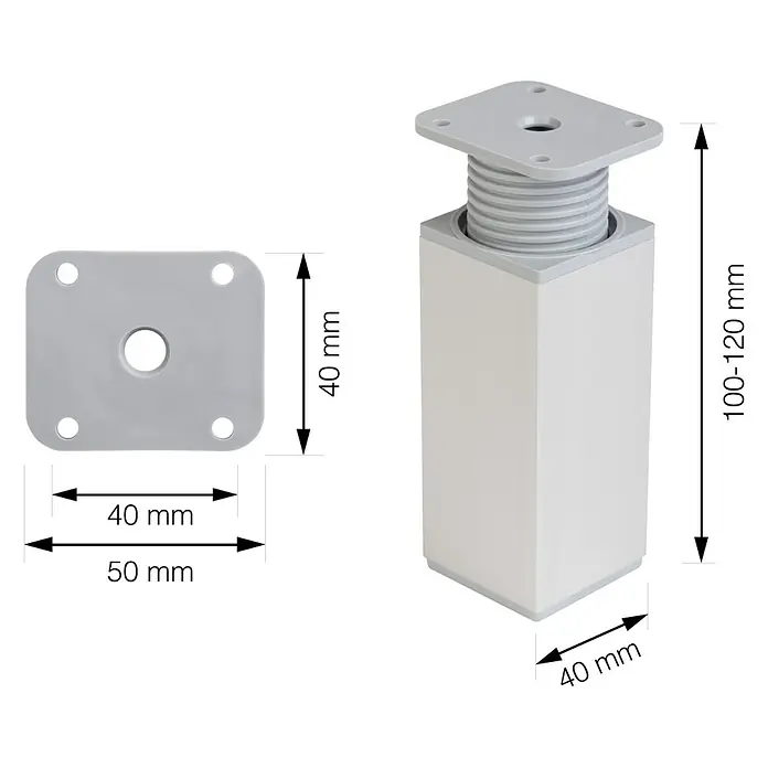 Walteco Teleskop-Möbelfuß - B x L: 4 x 4 cm, Höhenverstellung: 10 cm - 12 cm, Traglast: 50 kg, Kunststoff, Eckig - Produktbild eines silbernen, verstellbaren Möbelfußes mit den Maßen 40 x 50 mm. Höhe zwischen 100 und 120 mm.