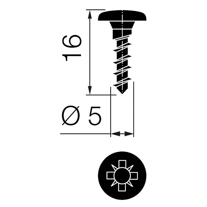 Walteco Schrauben - Ø x L: 5 x 16 mm, Pulverbeschichtet, 16 Stk. - Schema einer Senkkopfschraube mit Maßen und Detailansicht des Schraubenkopfes. Ideal für Baupläne und technische Dokumentationen.