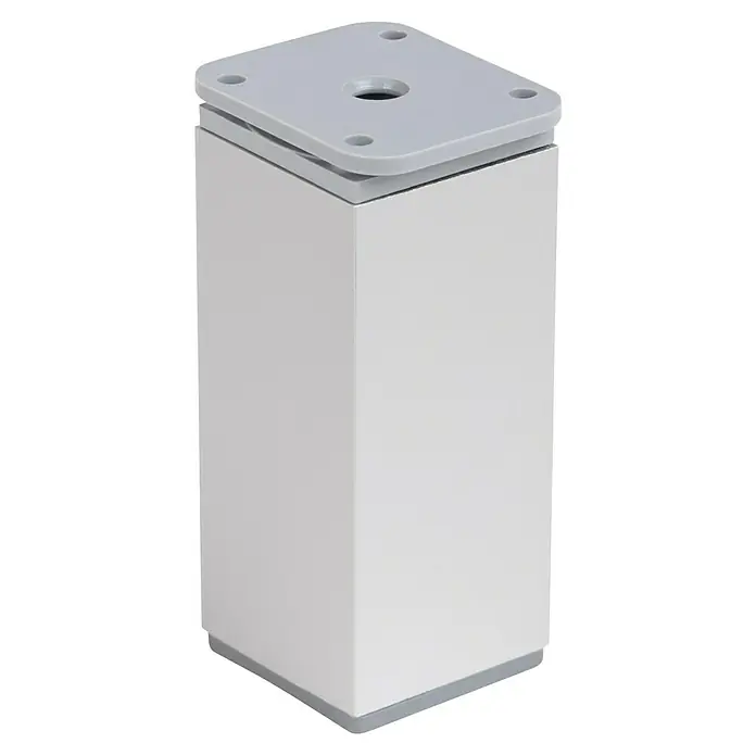 Walteco Teleskop-Möbelfuß - B x L: 4 x 4 cm, Höhenverstellung: 10 cm - 12 cm, Traglast: 50 kg, Kunststoff, Eckig - Ein weißes Möbelbein mit einer grauen Kunststoffbasis und einer Montageplatte für die Befestigung an Möbeln.