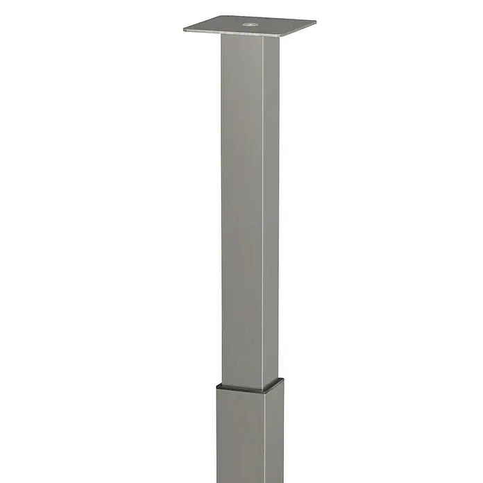 Walteco Teleskop-Möbelfuß - B x L: 6 x 6 cm, Höhenverstellung: 70 cm - 110 cm, Traglast: 80 kg, Stahl, Nickel, Eckig - Das Bild zeigt eine einzelne silberne Tischbein-Säule mit einer quadratischen Basis und einer quadratischen Platte für die Tischbefestigung vor schwarzem Hintergrund.