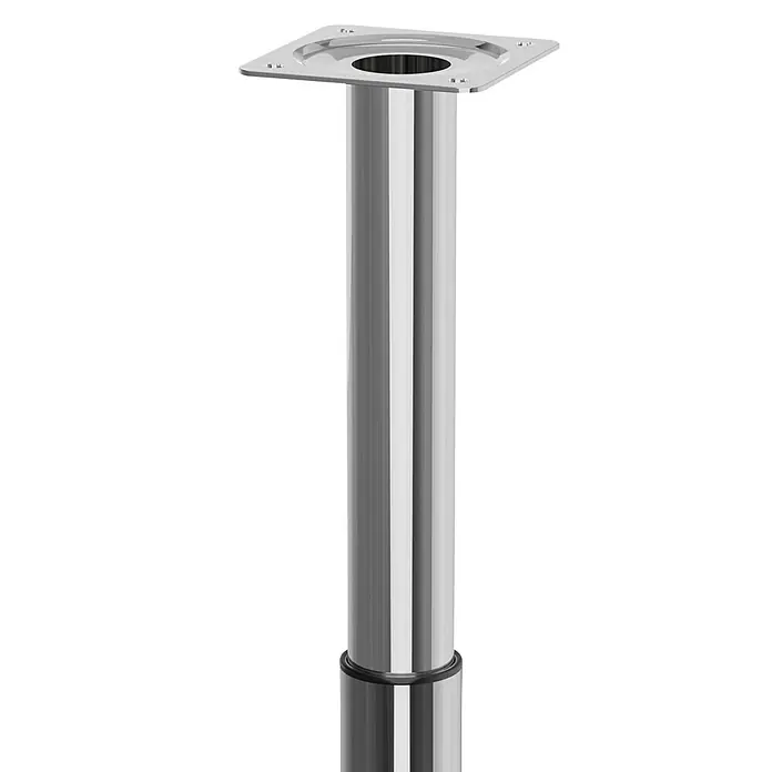 Walteco Teleskop-Möbelfuß - B x L: 3 x 3 cm, Durchmesser: 3 cm, Höhenverstellung: 21 cm - 35 cm, Traglast: 30 kg, Stahl, Silber - Das Bild zeigt eine silberne, höhenverstellbare Tischsäule mit einer quadratischen Montageplatte und einem schlanken, zylindrischen Design.