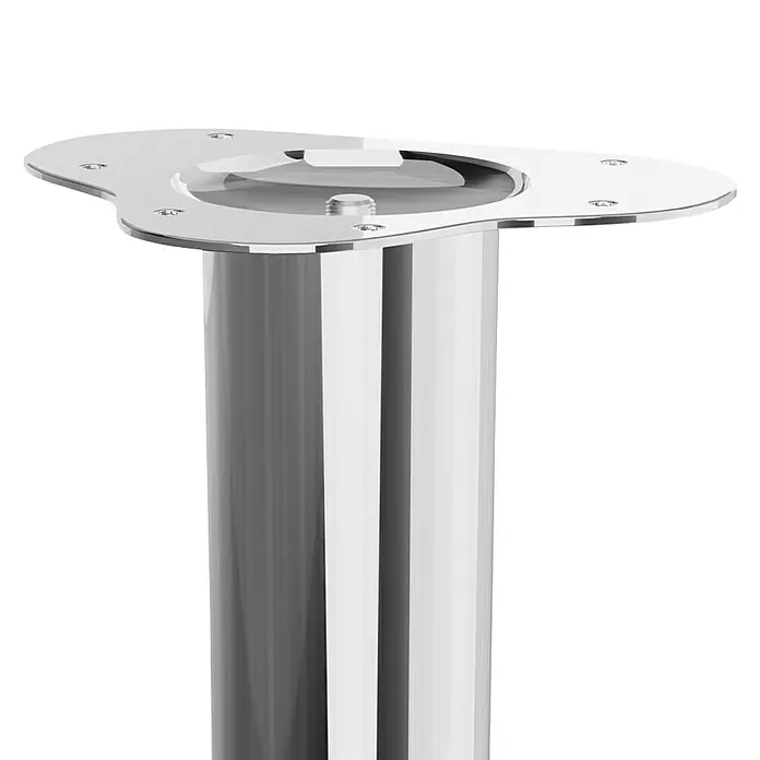 Walteco Möbelfuß - L x B x H: 6 x 6 x 70 cm, Ø x H: 6 x 70 cm, Traglast: 75 kg, Stahl, Silber - Nahaufnahme einer glänzenden Chrom-Tischsäule mit einer ungewöhnlichen, aber stabilen Tischplatte. Ideal für moderne Einrichtungen.
