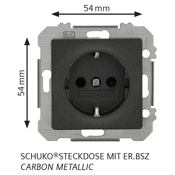 Siemens DELTA Mega Steckdose SIE039475 - Carbon Metallic, Glänzend, Kunststoff, Unterputzmontage - Schwarze Carbon Metallic Siemens Schuko-Steckdose mit Schutzkontakt. Maße 54x54mm.