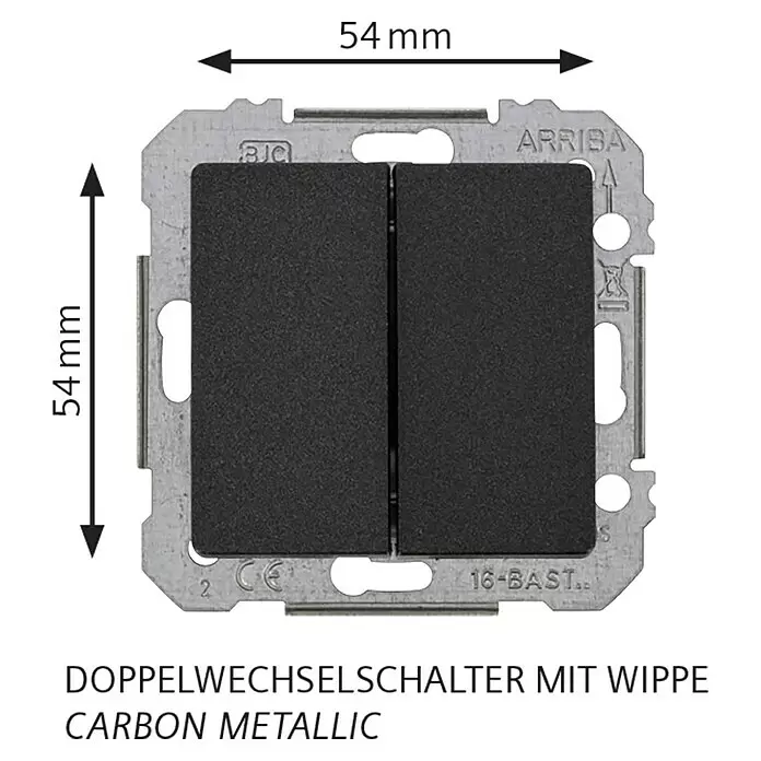 Siemens DELTA Mega Doppelwechselschalter SIE039437 - Carbon Metallic, Glänzend, Unterputzmontage, 10 A - Dunkelgrauer Kohlenstoffmetallic-Doppelwechselschalter-Einsatz mit Wippe, 54x54mm Maße.