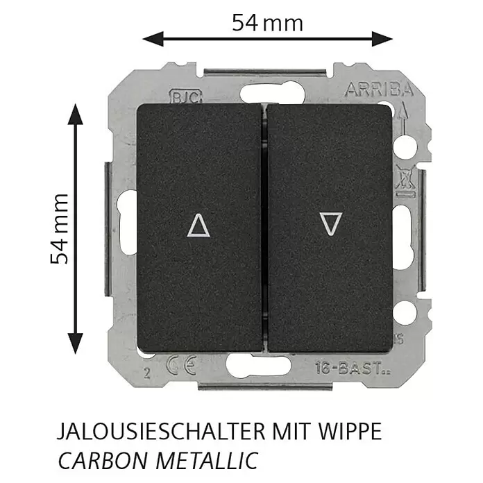 Siemens DELTA Mega Jalousieschalter SIE039529 - Carbon Metallic, Glänzend, Unterputzmontage, 10 A - Jalousie-Wippschalter in Carbon Metallic mit Auf-/Ab-Pfeilen auf Metallrahmen.