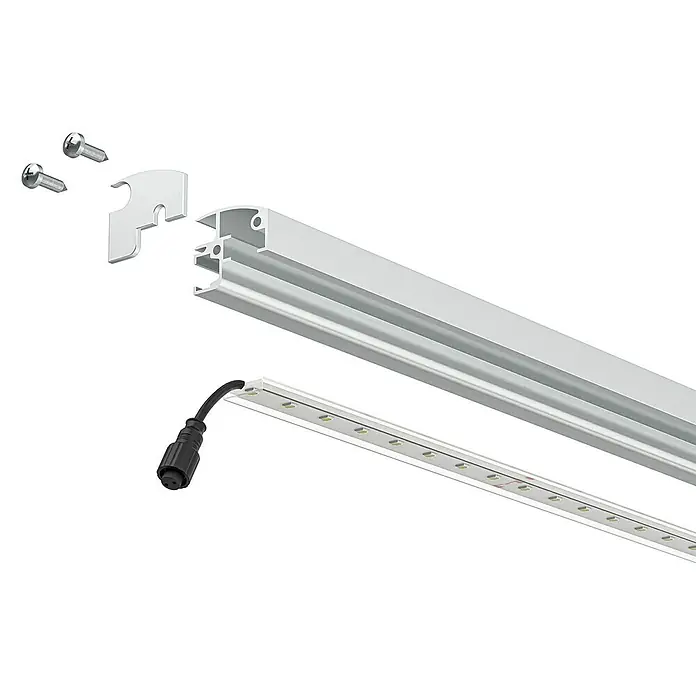 LyghtUp Zaunbeleuchtung - Länge: 196 cm, Silber, Passend für: Doppelstabmatten und Gabionen - Produktansicht einer LED-Leiste mit Zubehör. Die LED-Leiste ist für verschiedene Anwendungen geeignet und einfach zu installieren.