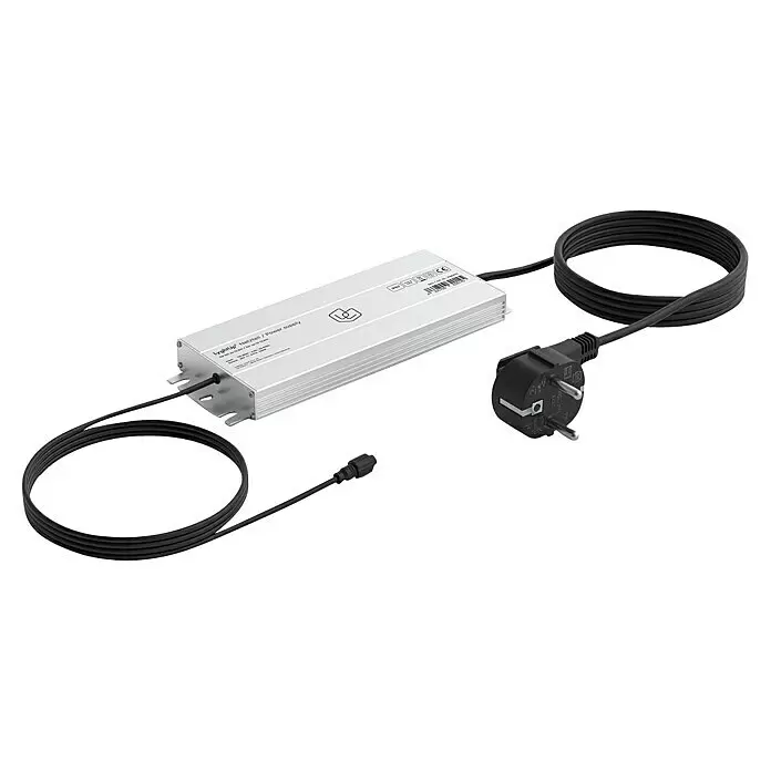 LyghtUp Netzteil - Silber, Passend für: LyghtUp LED-Lichtleisten - Silbernes Aluminium-Netzteil von LyghtUp mit schwarzen Kabeln und EU-Stecker.