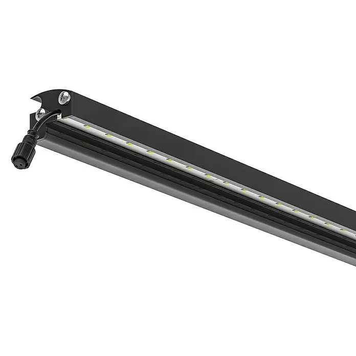 LyghtUp Zaunbeleuchtung Starter-Set - Länge: 246 cm, Anthrazit, Passend für: Doppelstabmatten und Gabionen, 7 -tlg. - Nahaufnahme einer schwarzen LED-Leuchte mit Kabel und Schrauben, die eine effiziente Beleuchtungslösung darstellt.