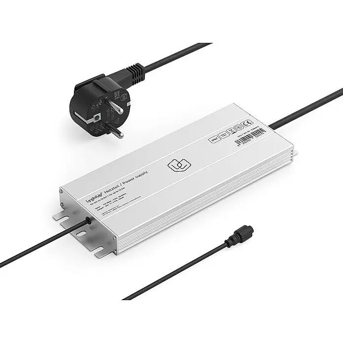 LyghtUp Netzteil - Silber, Passend für: LyghtUp LED-Lichtleisten - Silbernes LyghtUp Netzteil mit schwarzen Kabeln und Schuko-Stecker, 100W, IP67.
