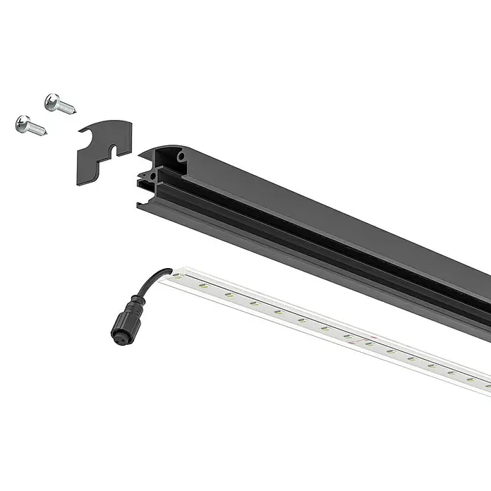 LyghtUp Zaunbeleuchtung - Länge: 246 cm, Anthrazit, Passend für: Doppelstabmatten und Gabionen - Produktdetailaufnahme einer LED-Leiste mit Aluminiumprofil, Endkappe und Befestigungsschrauben für eine vielseitige Beleuchtungslösung.
