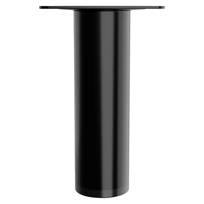 Walteco Möbelfuß - L x B x H: 3 x 3 x 10 cm, Ø x H: 3 x 10 cm, Traglast: 50 kg, Stahl - Das Bild zeigt ein modernes, schwarzes Tischbein mit einer flachen Montageplatte, ideal für minimalistische Möbeldesigns und eine einfache Installation.