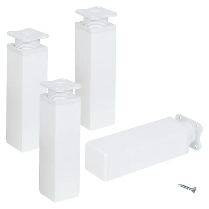 Walteco Möbelfuß-Set - L x B x H: 4 x 4 x 15 cm, Traglast: 50 kg, Kunststoff, 4 Stk. - Eine Nahaufnahme von vier weißen Möbelfüßen und einer Schraube vor einem schwarzen Hintergrund.