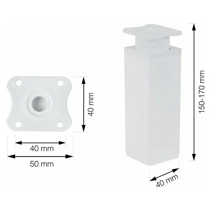 Walteco Möbelfuß-Set - L x B x H: 4 x 4 x 15 cm, Traglast: 50 kg, Kunststoff, 4 Stk. - Produktbild eines weißen Möbelfußes mit Montageplatte und Maßangaben zur Veranschaulichung der Produktabmessungen.