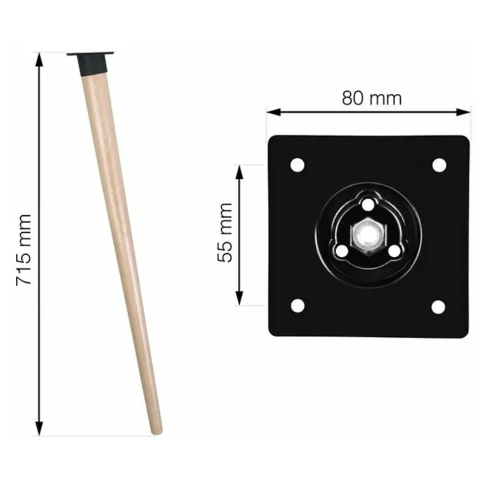 Walteco Möbelfuß Nordic - L x B x H: 4,6 x 4,6 x 71 cm, Ø x H: 4,6 x 71 cm, Traglast: 150 kg, Holz - Produktabbildung eines Möbelfußes aus Holz mit einer schwarzen Montageplatte mit den Maßen 80 mm x 55 mm und einer Höhe von 715 mm.