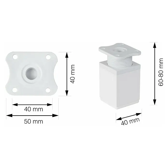 Walteco Möbelfuß-Set - L x B x H: 4 x 4 x 6 cm, Traglast: 50 kg, Kunststoff, 4 Stk. - Produktabbildung mit Maßangaben eines weißen Möbelfußes, der eine quadratische Grundform besitzt.
