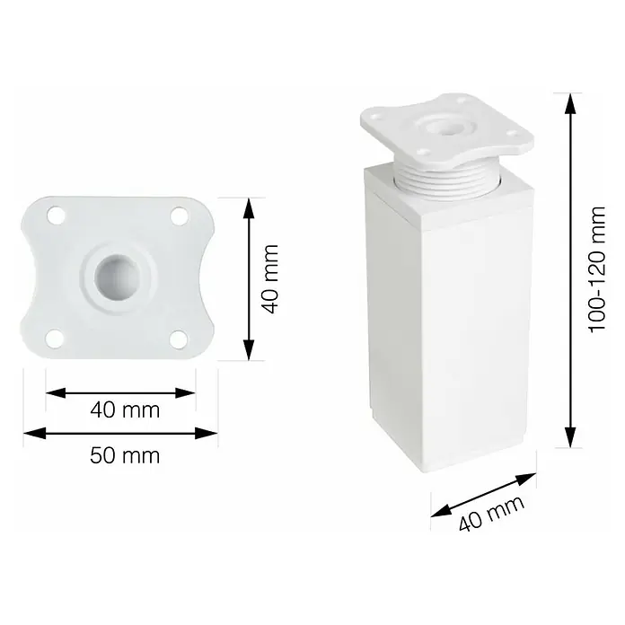 Walteco Möbelfuß-Set - L x B x H: 4 x 4 x 10 cm, Traglast: 50 kg, Kunststoff, 4 Stk. - Abbildung eines weißen, verstellbaren Möbelfußes mit den Maßen 100-120 mm Höhe und einer quadratischen Basis von 40x40 mm.