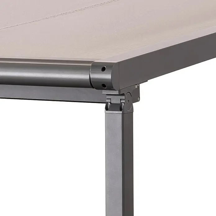 Sunfun PergolamarkiseBreite: 4 m, Ausfall: 3 m - Nahaufnahme einer modernen, grauen Terrassenüberdachung mit stabilen Metallsäulen für optimalen Sonnenschutz.