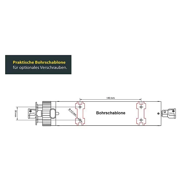 Schellenberg Raffstore-Motor Plus 9 Nm - Länge: 310 mm, Passend für: Motorisierung eines Schellenberg Raffstores mit bis zu 9 m² Fläche - Technische Zeichnung einer Bohrschablone, 140 mm lang mit 4,5 mm Bohrlöchern zum optionalen Verschrauben.