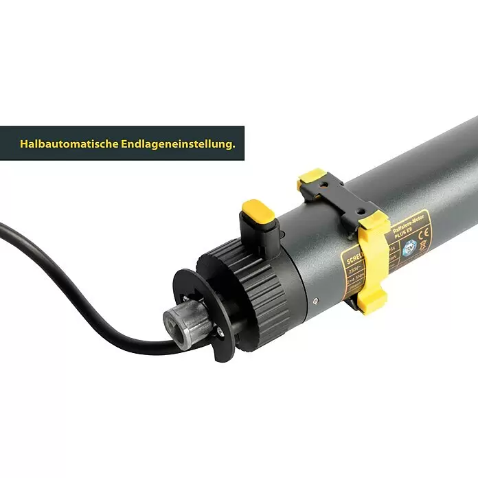 Schellenberg Raffstore-Motor Plus 9 Nm - Länge: 310 mm, Passend für: Motorisierung eines Schellenberg Raffstores mit bis zu 9 m² Fläche - Dunkelgrauer Rohrmotor für Raffstores mit gelben Einstellelementen, angeschlossenem schwarzen Kabel und Sechskantantriebswelle.