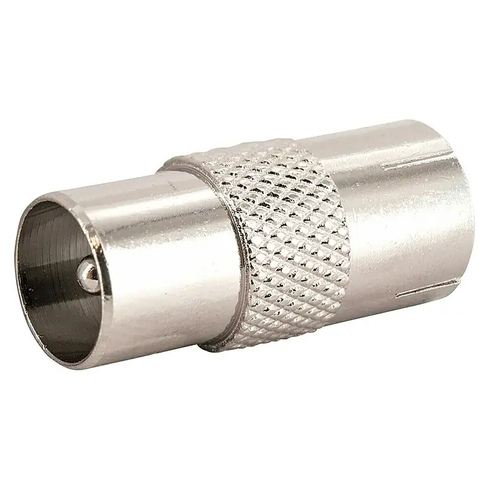 Schwaiger Koax-Adapter - IEC-Stecker, IEC-Buchse, Metall, Vernickelt, 1 Stk. - Nahaufnahme eines F-Stecker-Adapters aus Metall, verwendet für Koaxialkabelverbindungen in TV- und Satellitenanlagen.