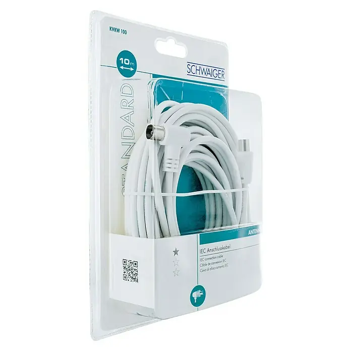 Schwaiger Antennen-Anschlusskabel - 10 m, Weiß, 75 dB, IEC Stecker auf IEC Winkelbuchse - Ein 10 Meter langes, weißes SCHWAIGER Antennenkabel (KVKW 100) in der Originalverpackung.