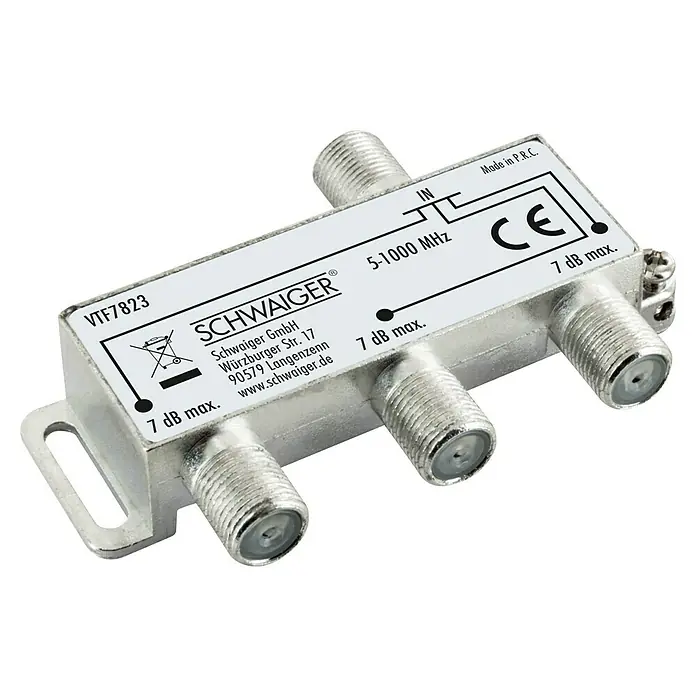 Schwaiger Verteiler - 3-fach, F-Buchse, 5 - 1.000 MHz, 7 dB - Nahaufnahme eines silbernen Schwaiger VTF7823 Antennenverteilers für Frequenzen von 5-1000 MHz.