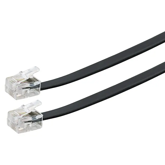 Schwaiger Telefonkabel - RJ11-Stecker, 6 m - Zwei schwarze flache Telefonkabel mit transparenten RJ11-Steckern.