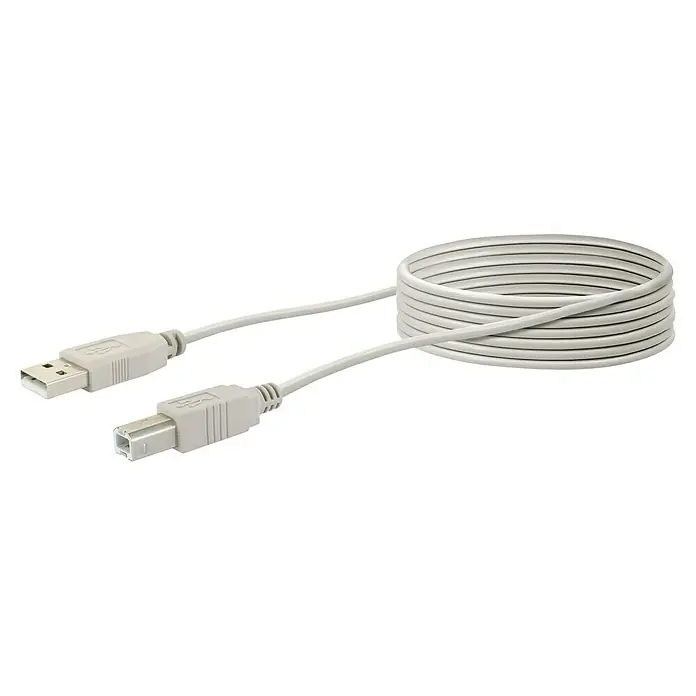 Schwaiger USB-Kabel 2.0 - 3 m, Grau, USB 2.0 A Stecker auf USB 2.0 B Stecker - Nahaufnahme eines zusammengerollten USB-Kabels mit USB-A- und USB-B-Steckern an beiden Enden vor einem schwarzen Hintergrund.