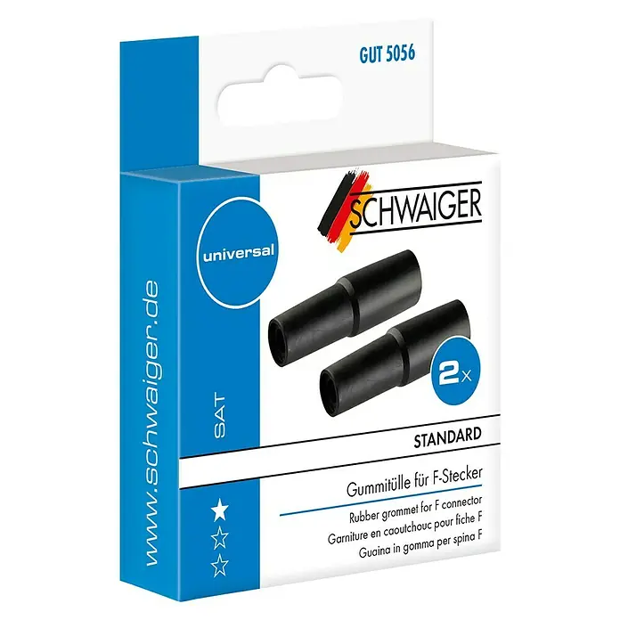 Schwaiger Dichtungstülle RG6/RG59 - Geeignet für: F-Stecker, 2 Stk. - Packung mit zwei schwarzen Gummitüllen für F-Stecker der Marke Schwaiger, universell und Standardausführung.