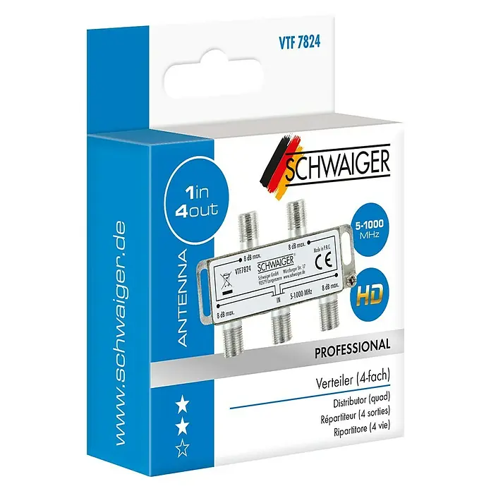 Schwaiger Verteiler - 4-fach, F-Buchse, 5 - 1.000 MHz, 8 dB - Abbildung eines Schwaiger VTF 7824 Antennenverteilers (1 Eingang, 4 Ausgänge) in Profiqualität.