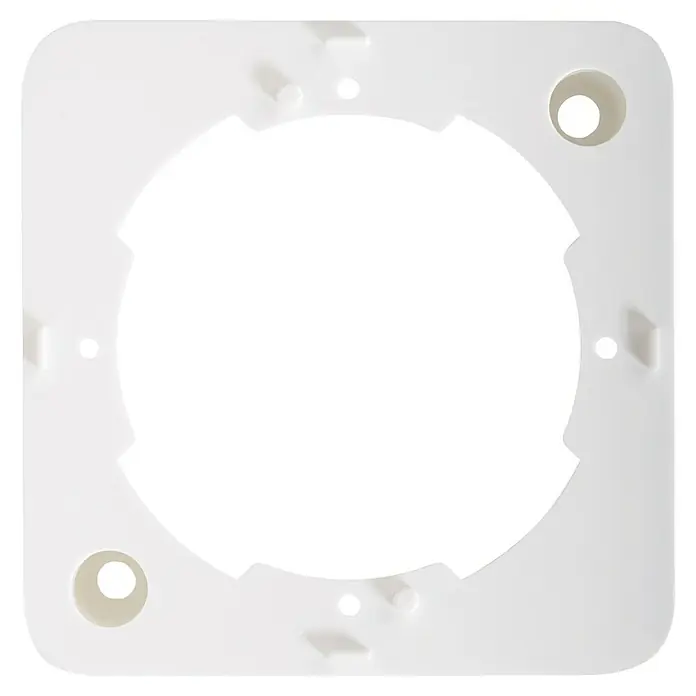 Schwaiger Aufputzkasten - Kunststoff, 75 x 75 mm - Ein weißer, quadratischer Adapter mit einer runden Aussparung in der Mitte und Befestigungslöchern, ideal für Deckenleuchten.