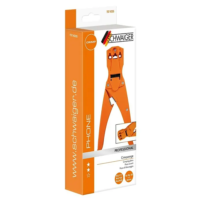 Schwaiger Crimpzange für Westernstecker - Kunststoff - Abbildung der Verpackung einer orangefarbenen Crimpzange TST 4335 von Schwaiger, geeignet für Telefon- und ISDN-Anschlüsse, professionelle Ausführung.