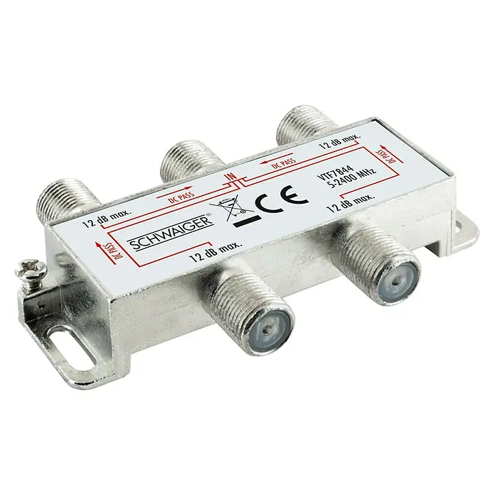 Schwaiger Verteiler - 4-fach, F-Buchse, 5 - 2.400 MHz, 12 dB - Ein Schwaiger VTF7844 5-2400 MHz Antennenverteiler mit 1 Eingang und 3 Ausgängen, ideal für den Empfang von TV- und Radiosignalen.