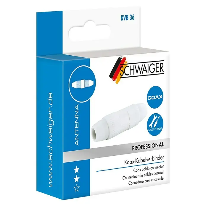 Schwaiger Koax-Kabelverbinder - Steckbare Innenleiter, Weiß, 1 Stk. - Bild einer Verpackung für einen Koax-Kabelverbinder KVB 36 von Schwaiger für professionelle Antennenmontage.
