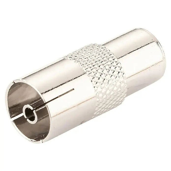 Schwaiger Koax-Adapter - IEC-Stecker, IEC-Buchse, Metall, Vernickelt, 1 Stk. - Nahaufnahme eines silbernen Koaxialkabelsteckers mit gerändeltem Griff zur einfachen Installation.