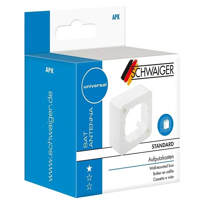 Schwaiger Aufputzkasten - Kunststoff, 75 x 75 mm - Verpackung einer weißen SCHWAIGER Universal SAT Antennen Aufputzkasten Standard für die Wandmontage.