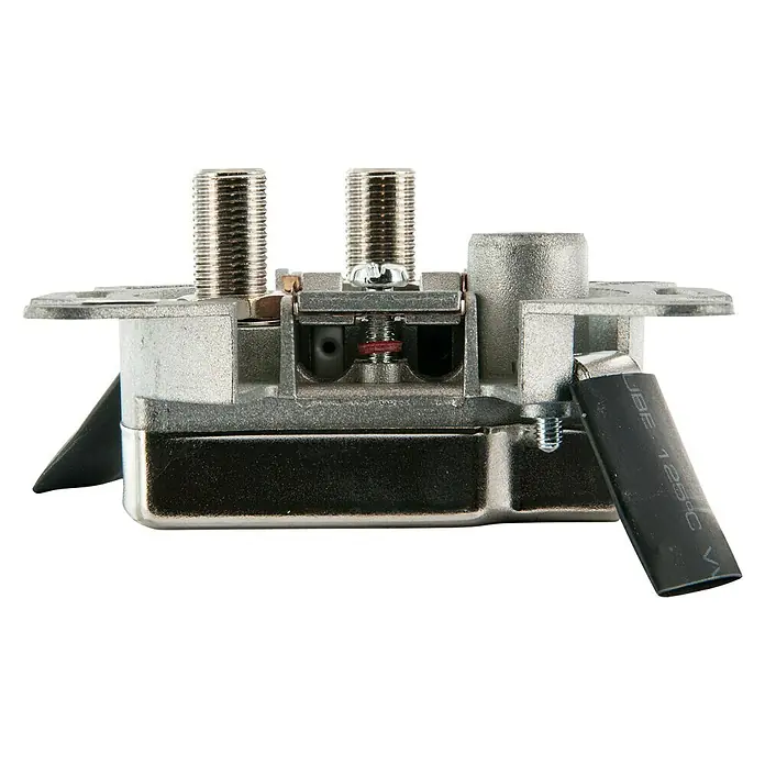 Schwaiger SAT-Antennendose TWIN Stichleitungsdose - 3-fach, 2 dB - Nahaufnahme eines Antennenverteilers mit zwei F-Steckern, ideal für TV- und Satellitenanschlüsse. Solide Bauweise für optimale Signalübertragung.