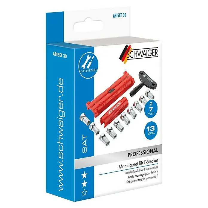 Schwaiger Montage-Set - 1 x Abisolierer, 1 x Aufdrehhilfe, 1 x Kabelaufdrehhilfe, 10 x F-Stecker - Abiset 30: Installationsset für F-Stecker von Schwaiger mit Werkzeug und 7mm F-Steckern. Ideal für professionelle SAT-Montage.