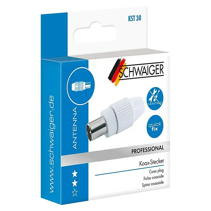 Schwaiger Koax-Stecker quickFIX - Kunststoff, Steckbare Innenleiter, 1 Stk. - Abbildung der Verpackung eines weißen Koax-Steckers der Marke Schwaiger, Modell KST 30, für Antennen.