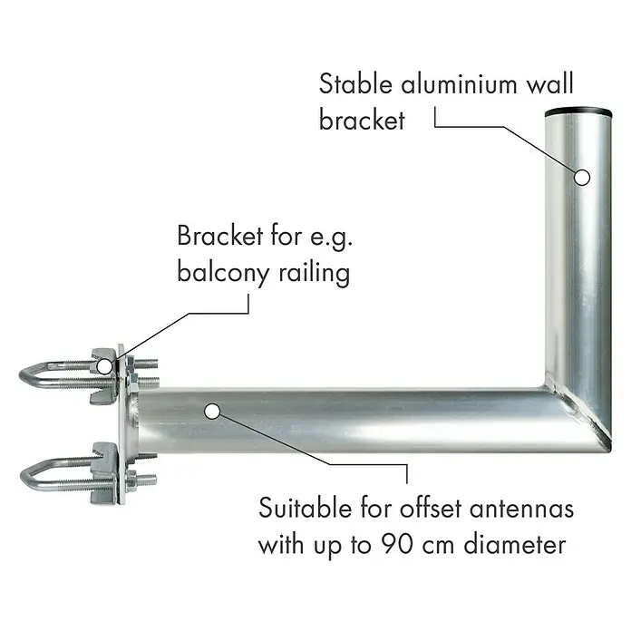 Schwaiger Mast-Balkonausleger - 30 cm Wandabstand, Aluminium, Silber - Aluminium Wandhalterung zur Montage von Satellitenantennen an Balkongeländern oder Wänden mit bis zu 90 cm Durchmesser.