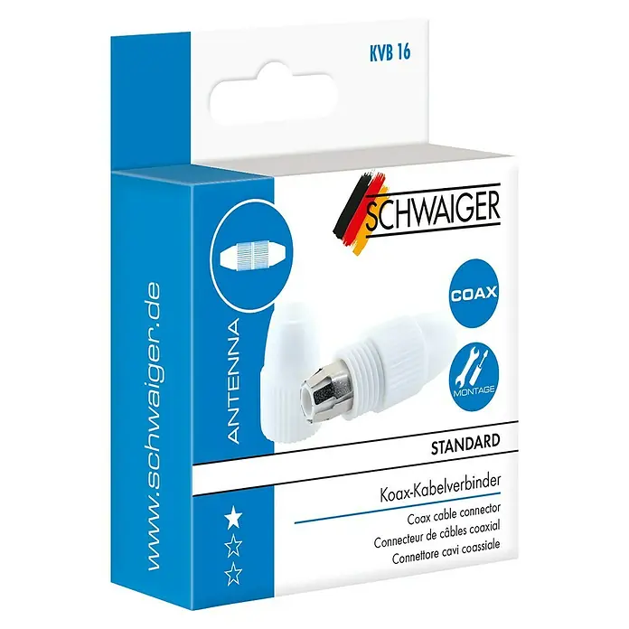 Schwaiger Koax-Kabelverbinder - Schraubbare Innenleiter, Weiß - Abbildung der Verpackung eines Koax-Kabelverbinders von Schwaiger, Modell KVB 16, geeignet für Antennenmontage.