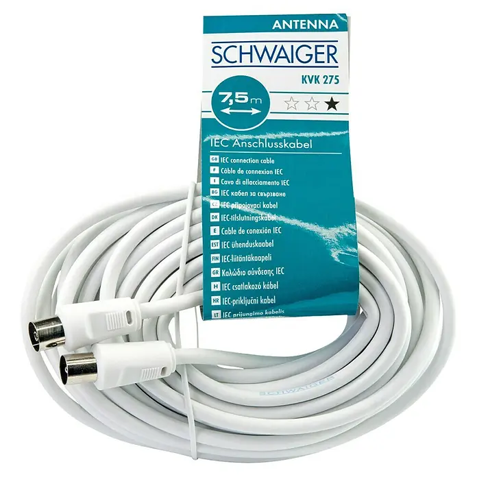 Schwaiger Koaxialkabel - 7,5 m, Weiß, Schirmungsmaß: 75 dB, IEC-Stecker, IEC-Buchse - Antennenanschlusskabel von Schwaiger: KVK 275 IEC-Anschlusskabel für eine stabile Verbindung und optimale Signalübertragung mit 7,5m Länge.