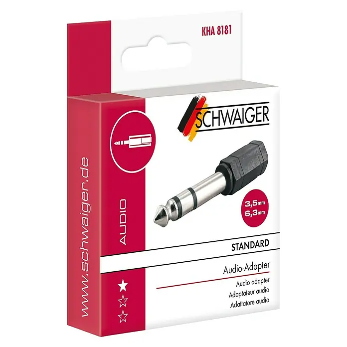 Schwaiger Audio-Adapter - Klinkenkupplung 3,5 mm, Klinkenstecker 6,3 mm - Abbildung einer Verpackung für einen Audio-Adapter von Schwaiger, der 3,5-mm- und 6,3-mm-Anschlüsse unterstützt.\n