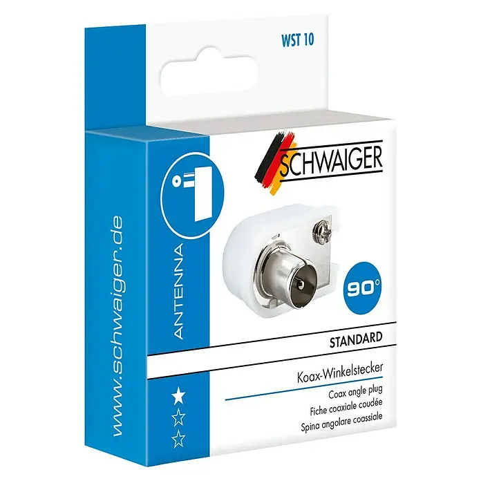 Schwaiger Koax-Winkelstecker - IEC-Winkelstecker 90°, Kunststoff, 1 Stk. - Produktverpackung für einen weißen 90-Grad-Koax-Winkelstecker von Schwaiger mit blauem und deutschem Farbakzent.