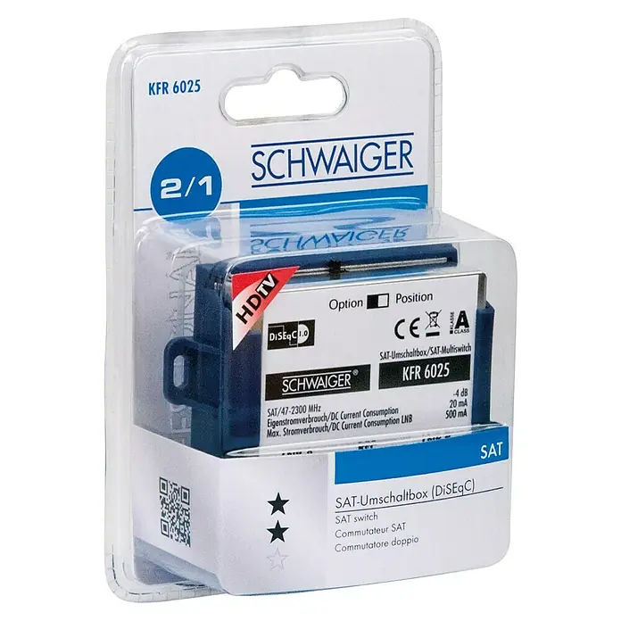 Schwaiger SAT-Umschaltbox - DiSEqC 1.0, 47 - 2.300 MHz, 4 dB - Abbildung eines Schwaiger KFR 6025 SAT-Umschaltbox (DiSEqC), ein SAT-Schalter für den Anschluss von Satellitenanlagen, in seiner Verpackung.