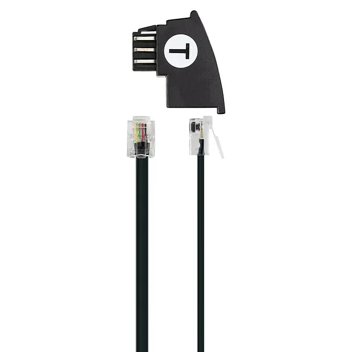 Schwaiger Telefon-Anschluss-Set - TAE-F-Stecker, Kabellänge: 6 m - Dieses Bild zeigt einen TAE-F-Stecker mit zwei Telefonkabeln. Der TAE-F-Stecker ist schwarz und hat einen weißen Buchstaben "T" darauf.