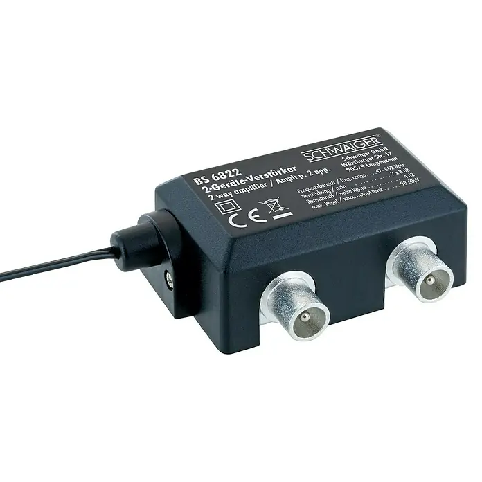 Schwaiger Zwei-Geräteverstärker - 47 - 862 MHz, 2 x 8 dB, Kabellänge: 1,5 m - Produktansicht des Schwaiger BS 6822 2-Geräte-Verstärkers, eines 2-Wege-Verstärkers zur Signalverstärkung mit Stromkabel und Antennenanschlüssen.